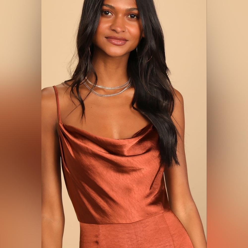Lulus Perfect Night Brown Satin Cowl Neck Culotte Jumpsuit S Wedding Party - Picture 3 of 12